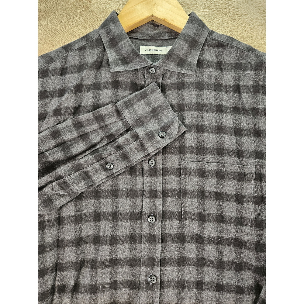 J. Lindeberg Flannel Shirt Black Gray Checkered Plaid Pattern Men's Size M